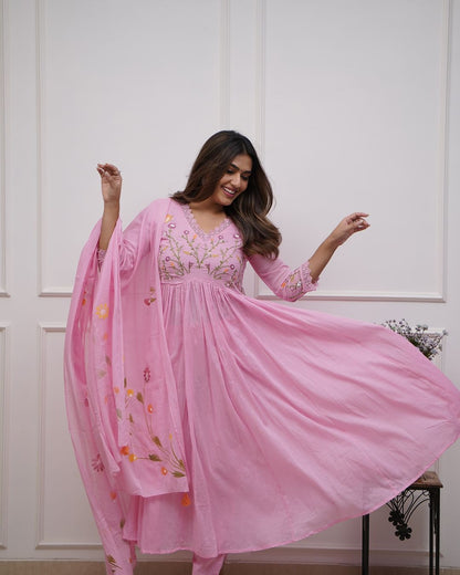 Pink Embroidered Cotton Anarkali Kurta Set with Dupatta