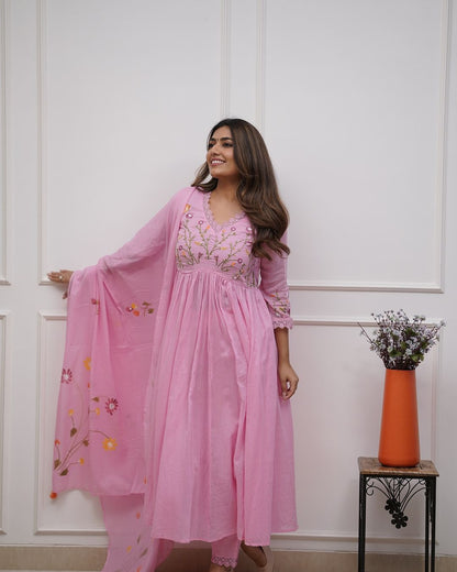 Pink Embroidered Cotton Anarkali Kurta Set with Dupatta