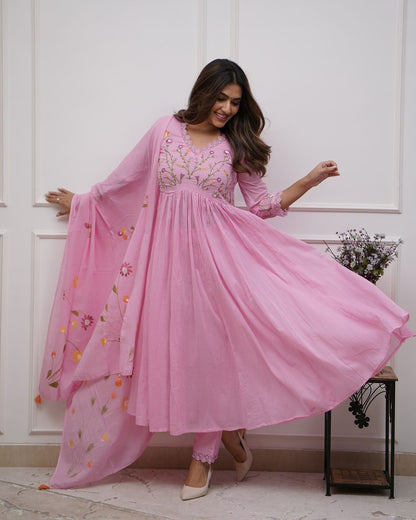 Pink Embroidered Cotton Anarkali Kurta Set with Dupatta