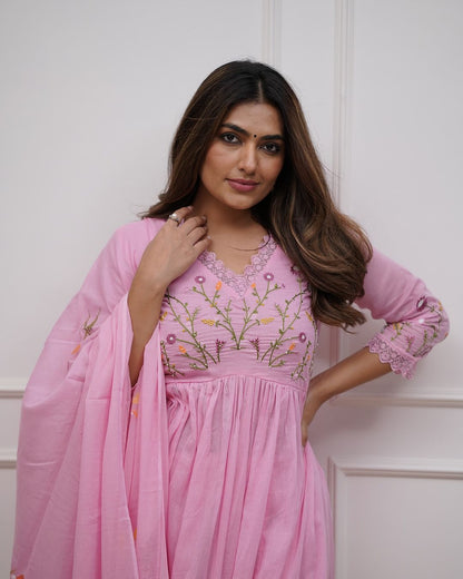 Pink Embroidered Cotton Anarkali Kurta Set with Dupatta