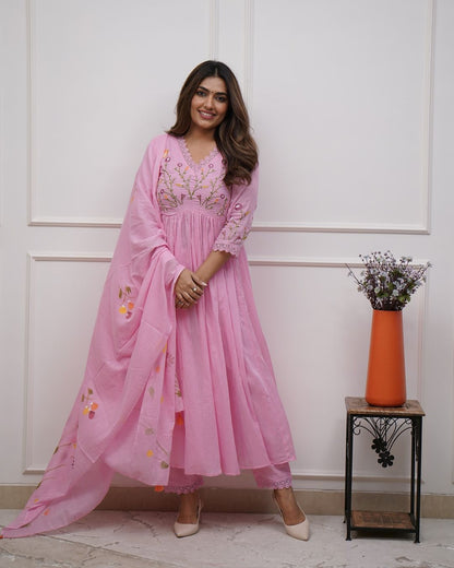 Pink Embroidered Cotton Anarkali Kurta Set with Dupatta