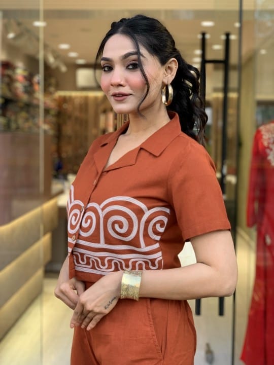 Orange Dusty Beautiful Stylish Embroidered Cotton Co-ord Set