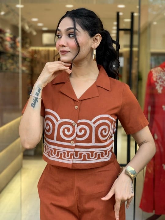 Orange Dusty Beautiful Stylish Embroidered Cotton Co-ord Set