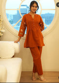Jaipuri Elegant Rust Orange Embroidered Cotton Co-Ord Set