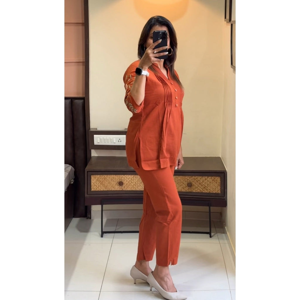 Jaipuri Elegant Rust Orange Embroidered Cotton Co-Ord Set