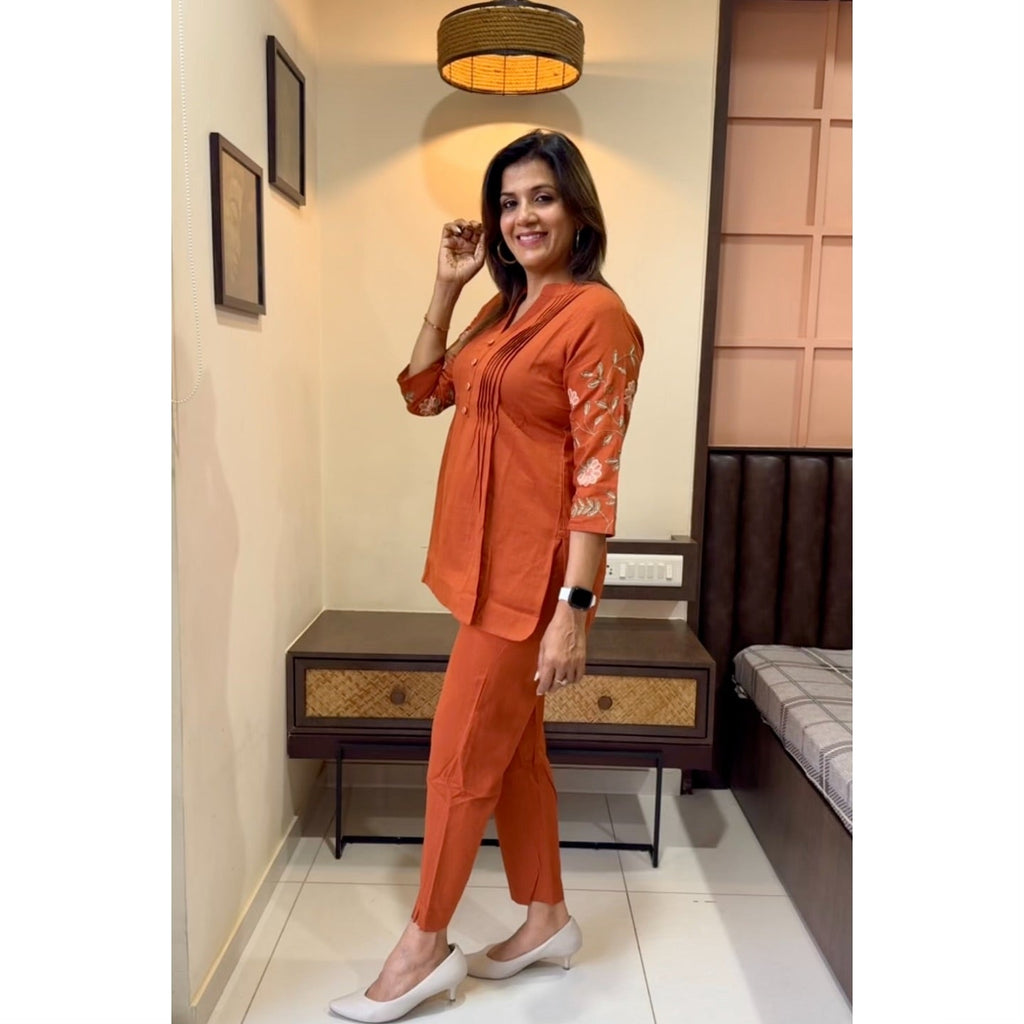 Jaipuri Elegant Rust Orange Embroidered Cotton Co-Ord Set