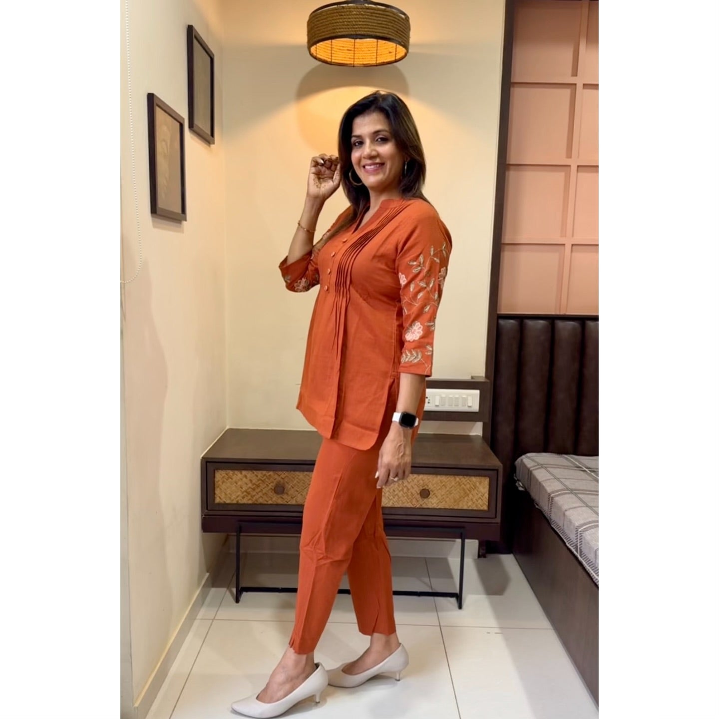 Jaipuri Elegant Rust Orange Embroidered Cotton Co-Ord Set