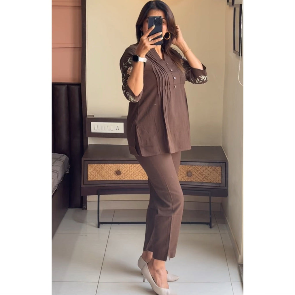 Jaipuri Chic Coffee Brown Embroidered Co-Ord Set