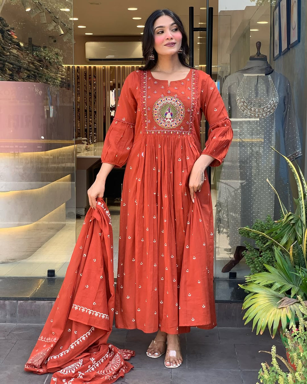 Latest And Trending Peacock Cotton Printed Anarkali And Pant With Dupatta Set ( Red )