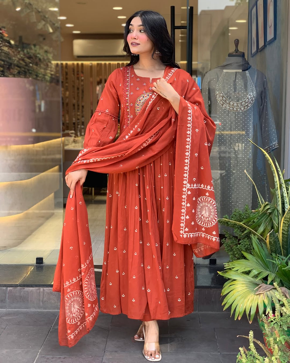 Latest And Trending Peacock Cotton Printed Anarkali And Pant With Dupatta Set ( Red )