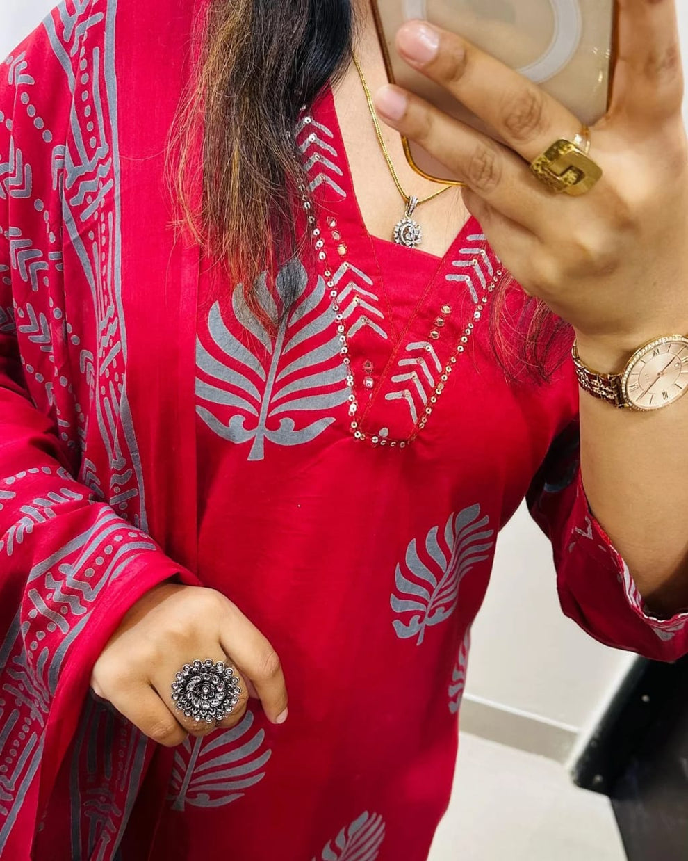 Sequence Cotton Red Kurti Pant Set with Dupatta Set