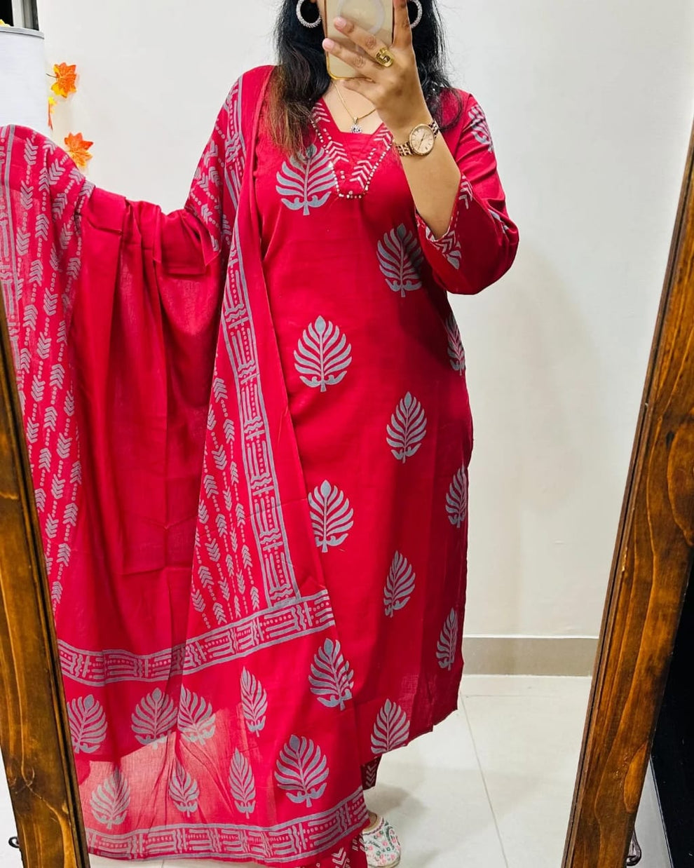 Sequence Cotton Red Kurti Pant Set with Dupatta Set