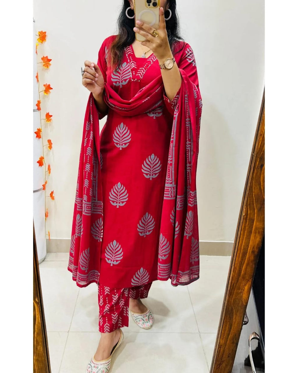 Sequence Cotton Red Kurti Pant Set with Dupatta Set