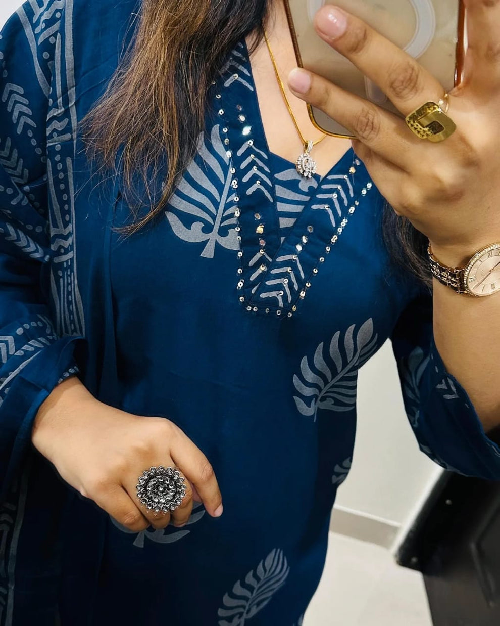 Sequence Cotton Blue Kurti Pant Set with Dupatta Set