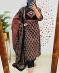Mughal/Kalamkari Fusion Azrak Bagru Print Black Kurti Pant Dupatta Set