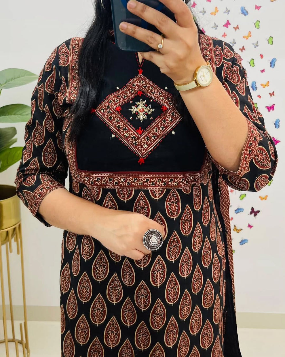 Mughal/Kalamkari Fusion Azrak Bagru Print Black Kurti Pant Dupatta Set