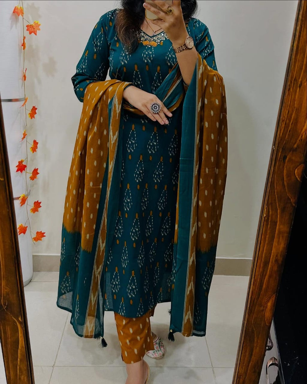 Teal And Mustard Ikka Print Cotton Kurta Set With Contrast Dupatta