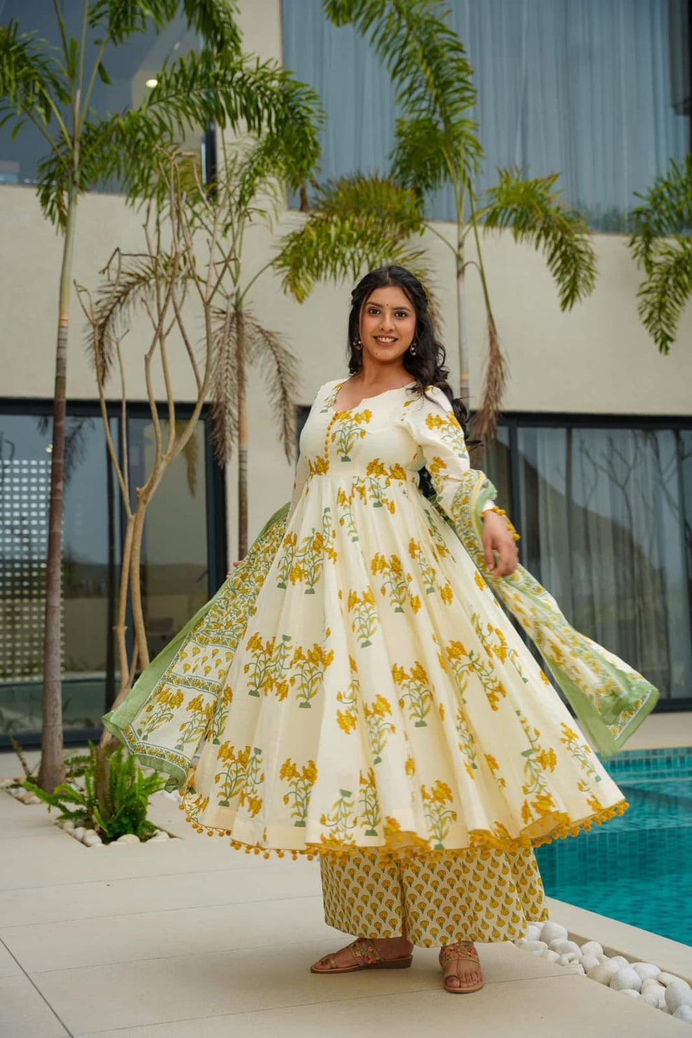 Basanti Phool Yellow Block-print Cotton Anarkali, Dupatta, Plazzo Set