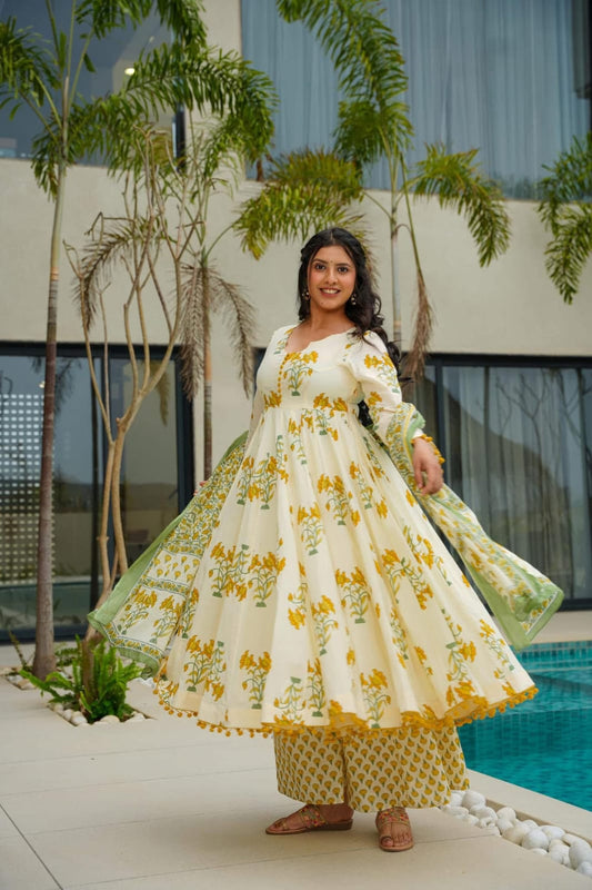Basanti Phool Yellow Block-print Cotton Anarkali, Dupatta, Plazzo Set