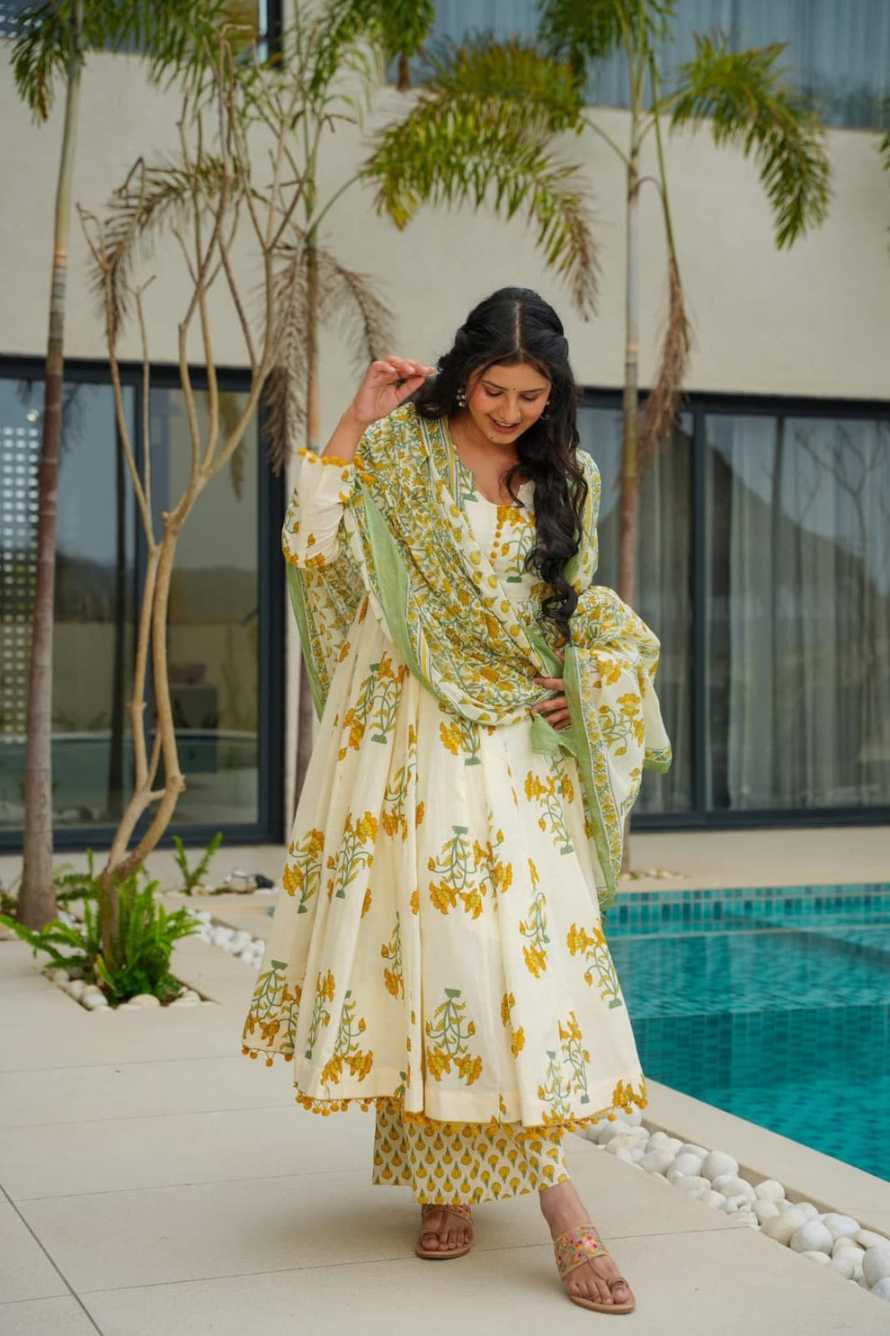 Basanti Phool Yellow Block-print Cotton Anarkali, Dupatta, Plazzo Set