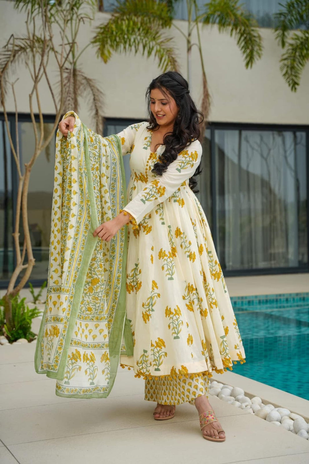 Basanti Phool Yellow Block-print Cotton Anarkali, Dupatta, Plazzo Set
