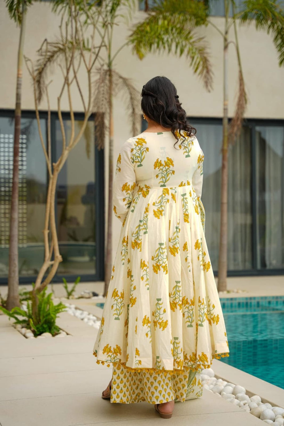Basanti Phool Yellow Block-print Cotton Anarkali, Dupatta, Plazzo Set