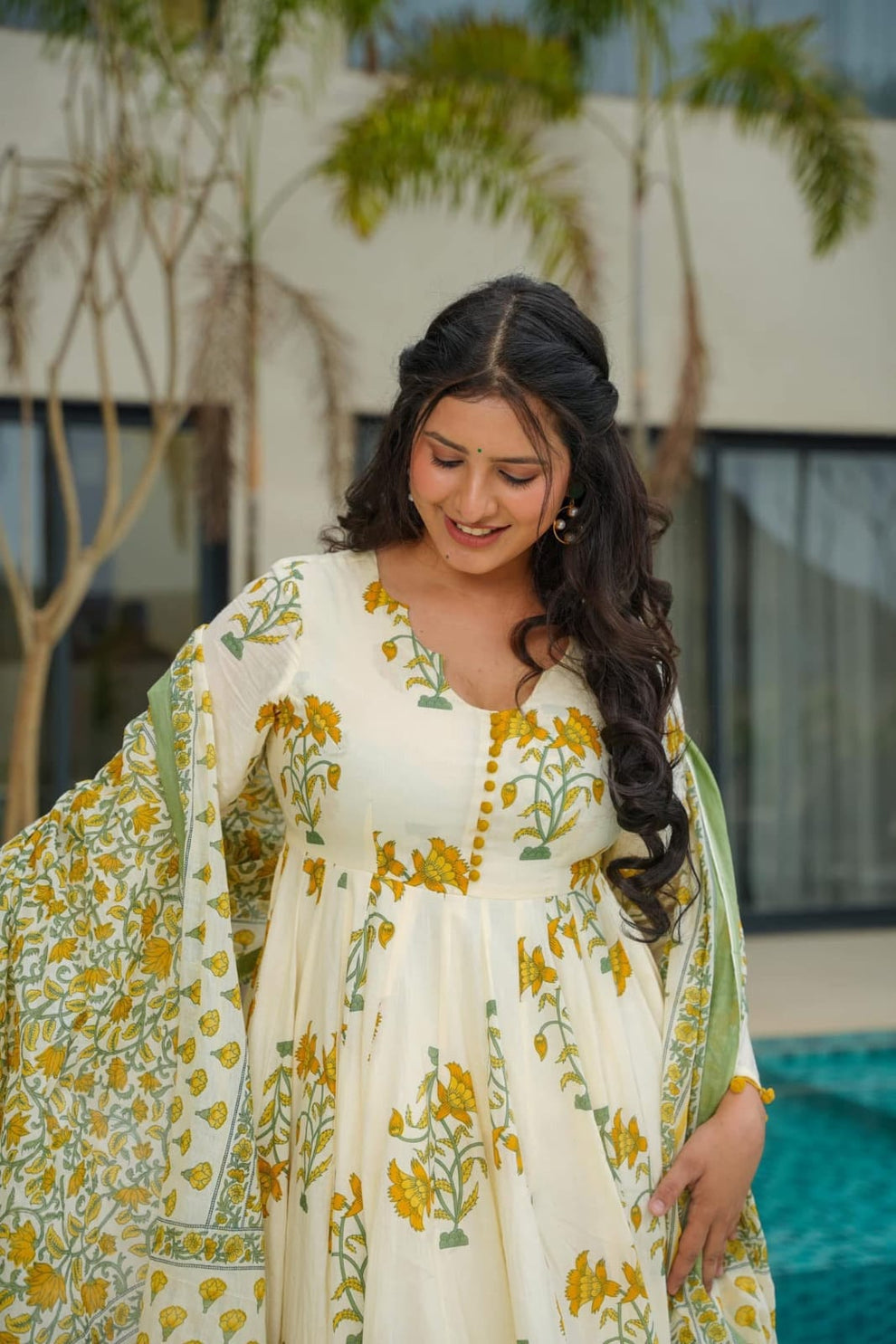 Basanti phool yellow hand black Cotton printed anarkali And Plaza Pant with dupatta Set