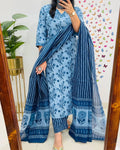 Blue Cotton Sequence Work Kurta Pant With Dupatta Set