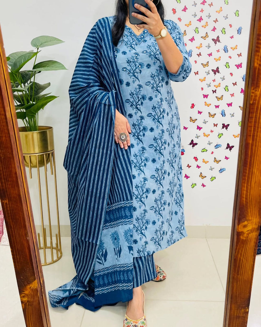 Blue Cotton Sequence Work Kurta Pant With Dupatta Set