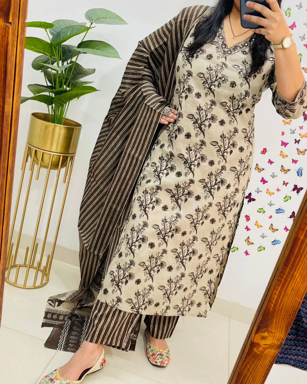 Coffee Cotton Sequence Work Kurta Pant With Dupatta Set