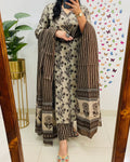 Coffee Cotton Sequence Work Kurta Pant With Dupatta Set