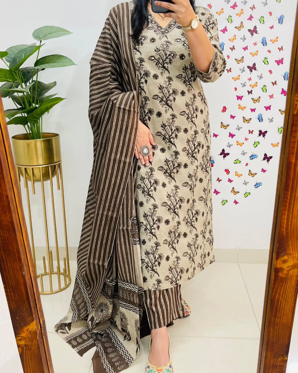 Coffee Cotton Sequence Work Kurta Pant With Dupatta Set