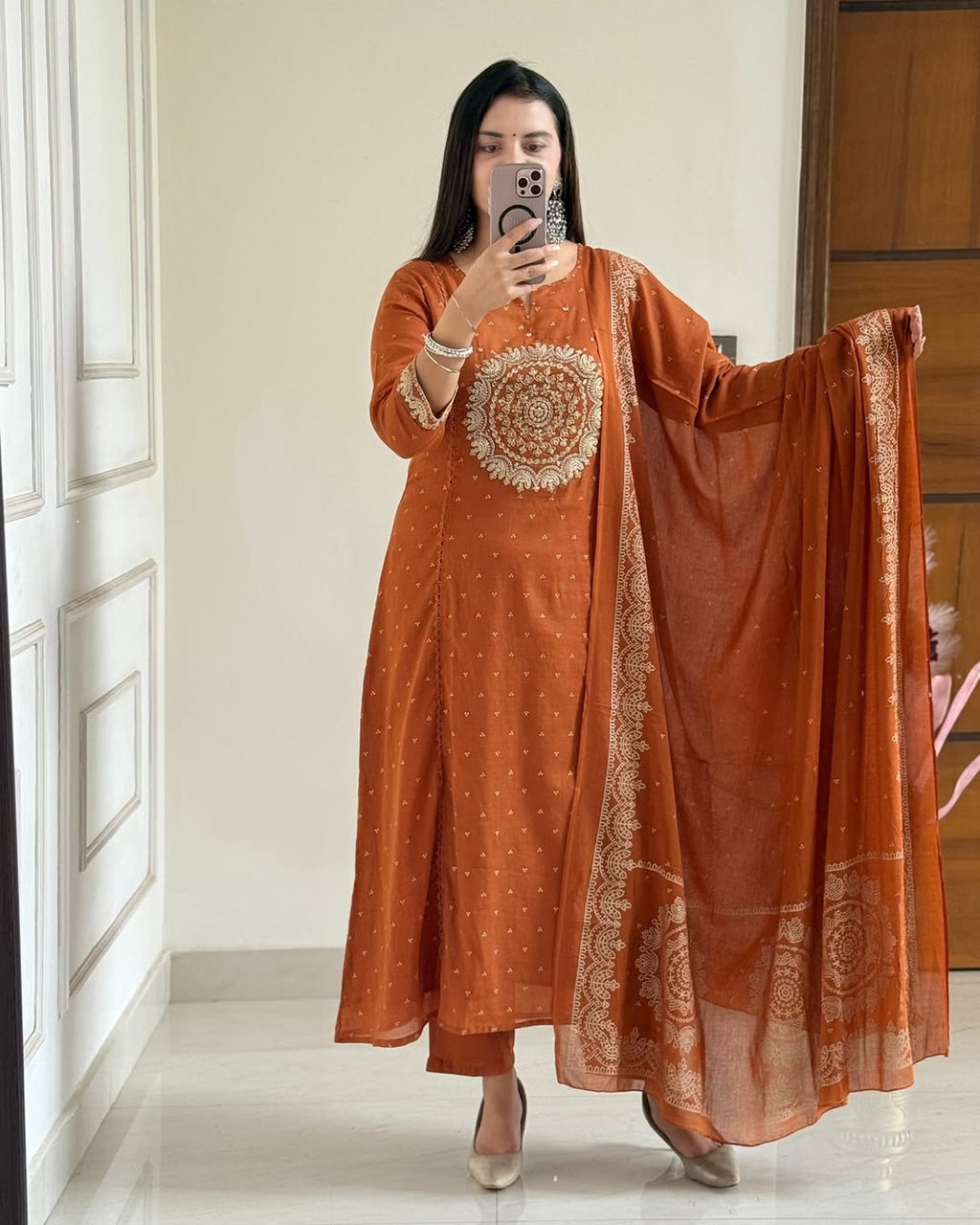Jaipuri Rust Orange Embroidered Kurta Set with Dupatta