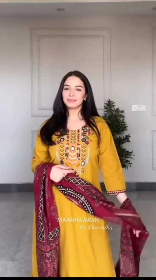 Mustard Yellow Hand-Embroidered Kurta Set with Ajrakh Print Dupatta