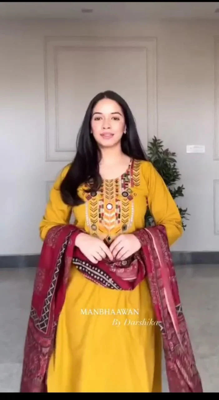 Mustard Yellow Hand-Embroidered Kurta Set with Ajrakh Print Dupatta