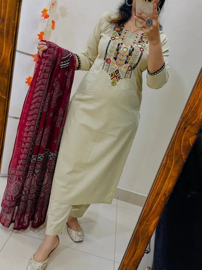 White Hand-Embroidered Kurta Set with Ajrakh Print Dupatta