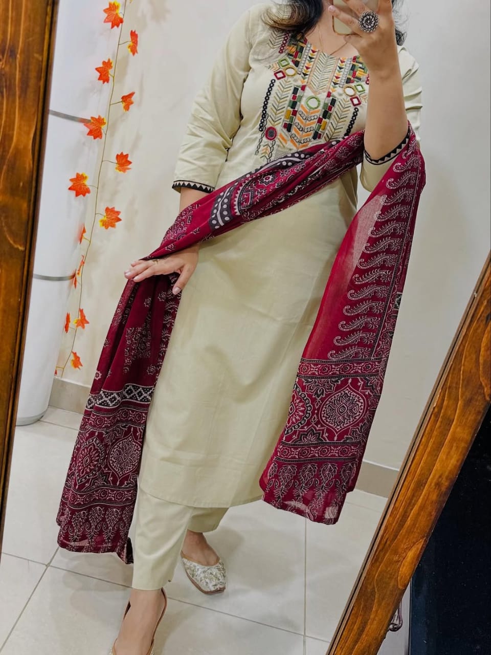 White Hand-Embroidered Kurta Set with Ajrakh Print Dupatta