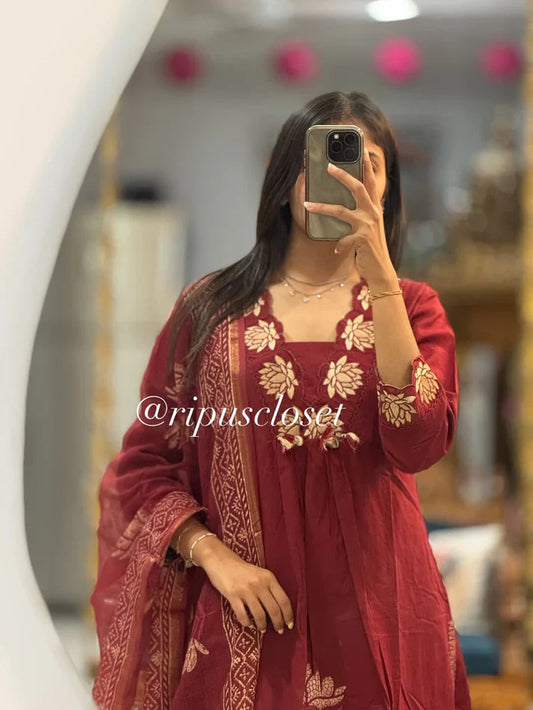 Maroon Floral Embroidered Kurta Set with Dupatta