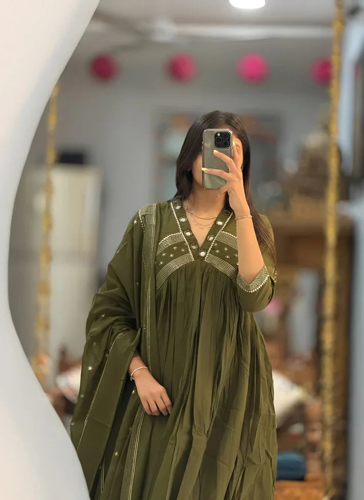 Green Cotton Designer Embroidered Anarkali 3 Piece Set
