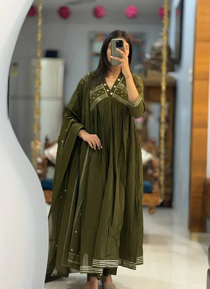 Green Cotton Designer Embroidered Anarkali 3 Piece Set