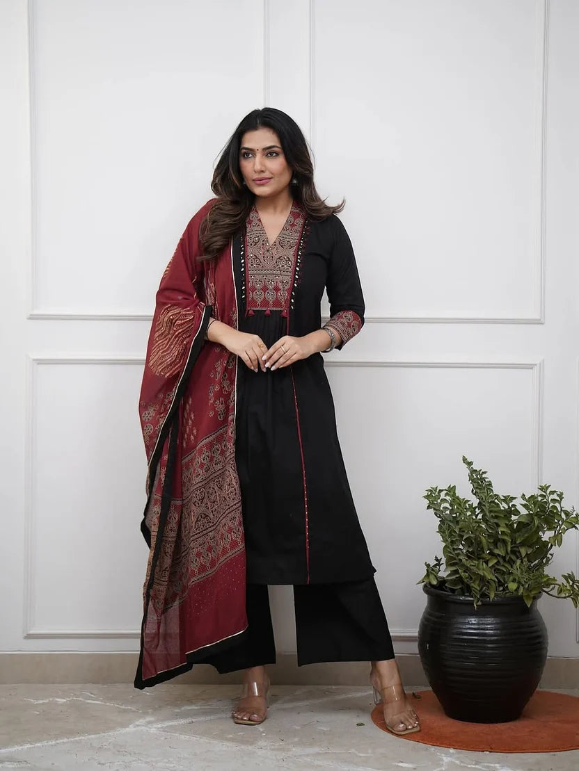 Women’s Black Cotton Kurta Pant Set with Embroidered Yoke & Printed Dupatta