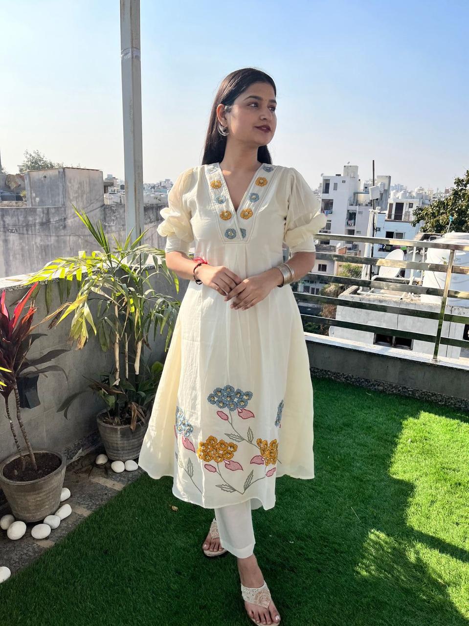 Dreamy Elegance : Cream A-Line Cotton Kurta Set with Malmal Dupatta