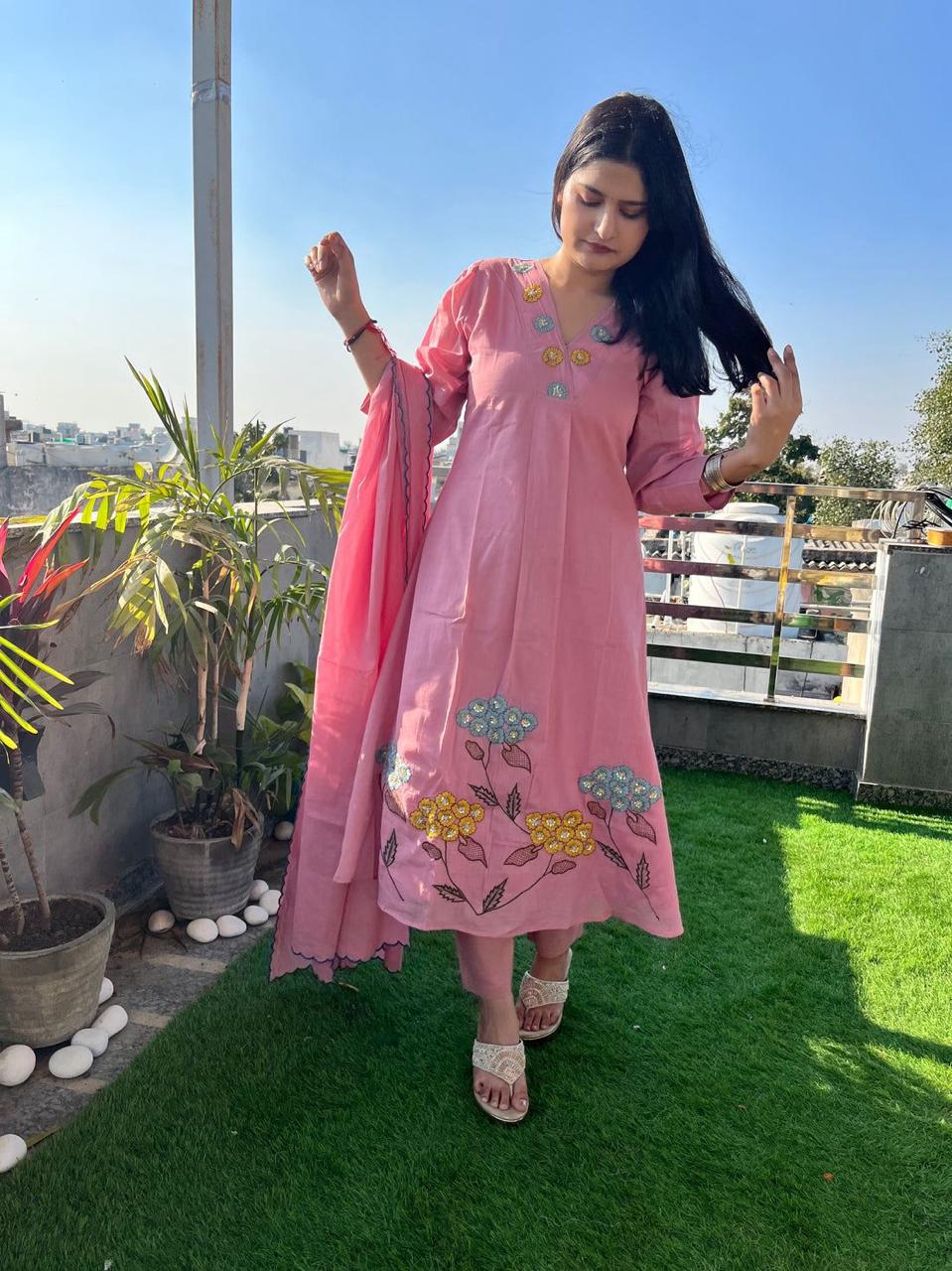 Pink A-Line Cotton Kurta Set with Malmal Dupatta