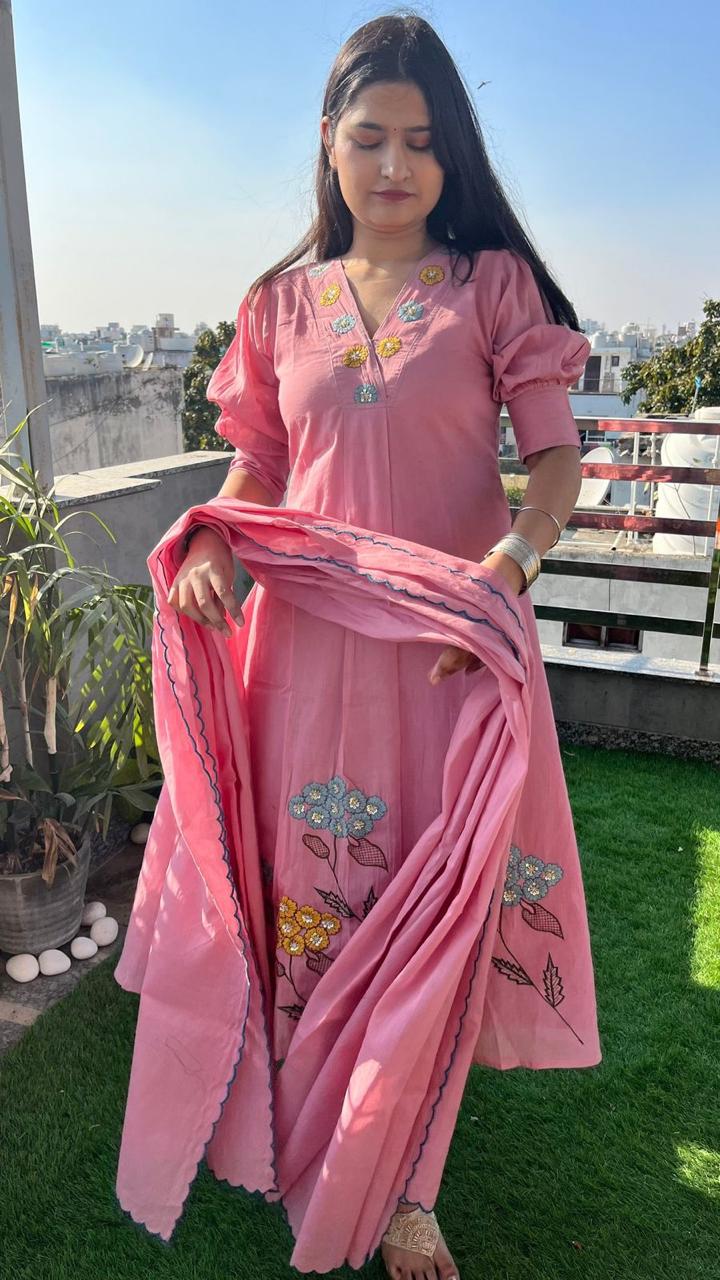 Pink A-Line Cotton Kurta Set with Malmal Dupatta