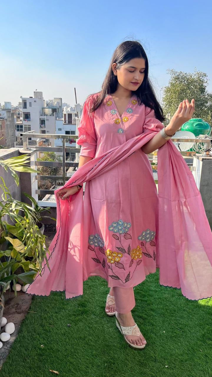 Pink A-Line Cotton Kurta Set with Malmal Dupatta