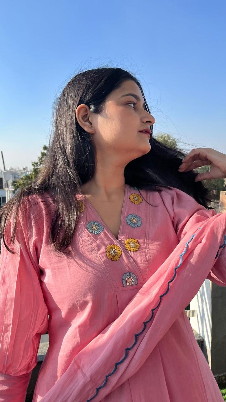Pink A-Line Cotton Kurta Set with Malmal Dupatta
