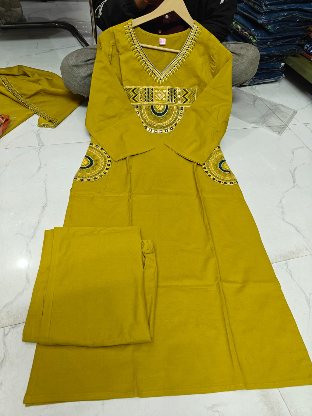 EMBROIDERED COTTON KURTI PANT WITH DUPATTA SUIT SET