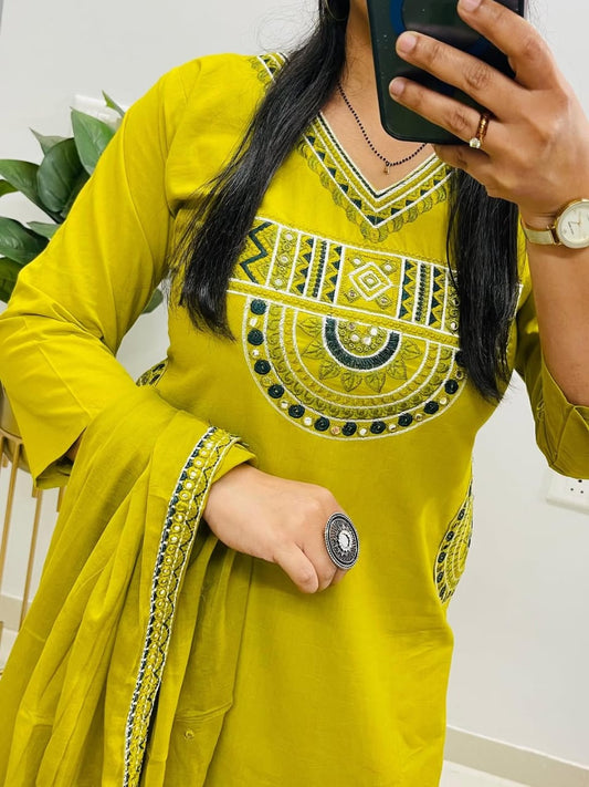 EMBROIDERED COTTON KURTI PANT WITH DUPATTA SUIT SET