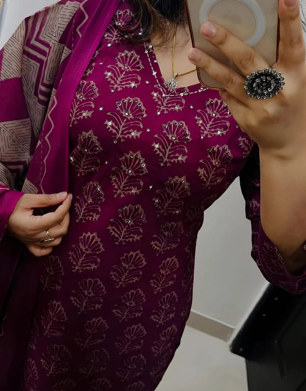 Women's Pure Cotton Printed Maroon Kurta With Pant And Dupatta