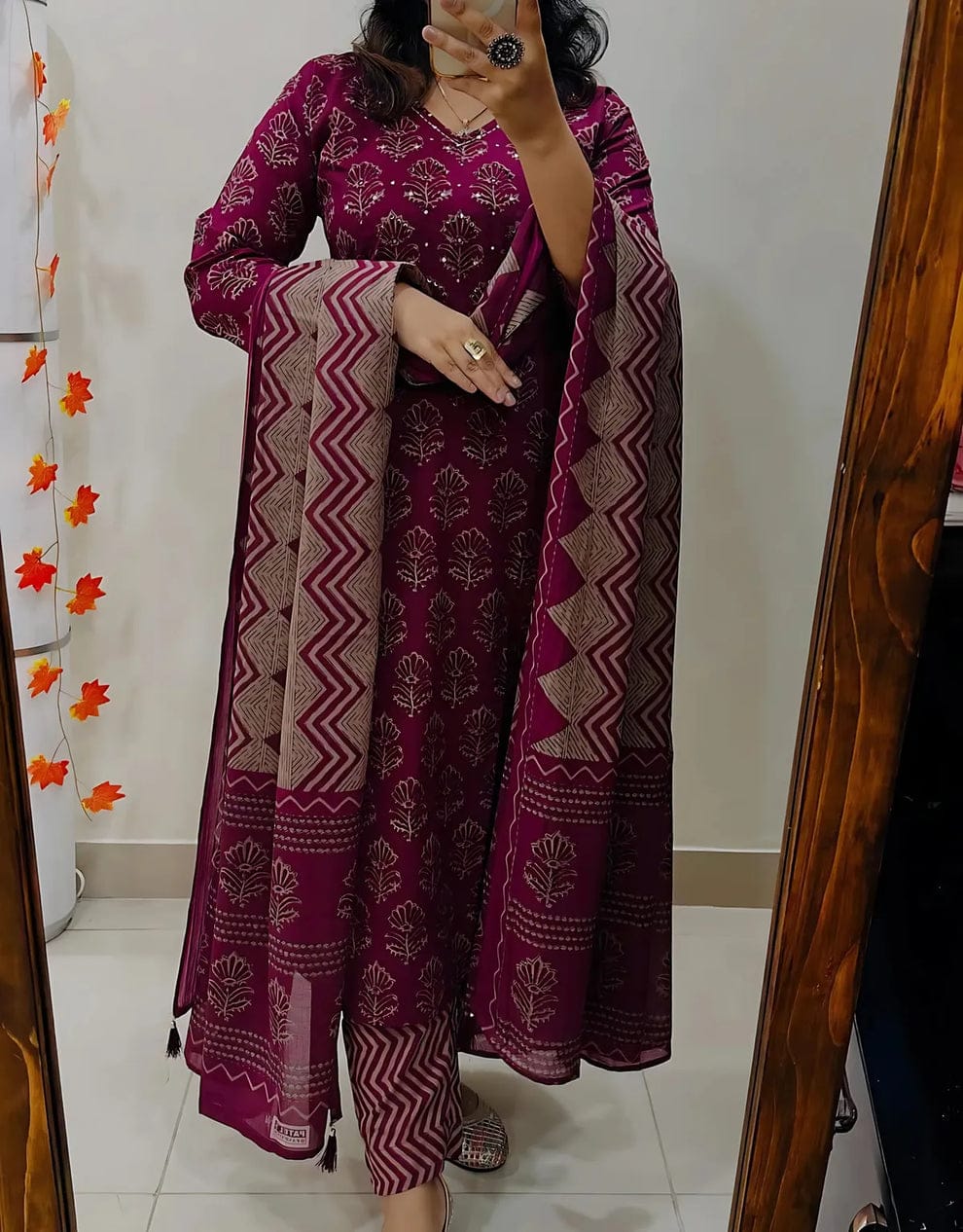 Women's Pure Cotton Printed Maroon Kurta With Pant And Dupatta